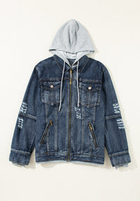 Contrast Zip-Up Hooded Denim Jacket - Pahabu - Women's Clothing & Shop