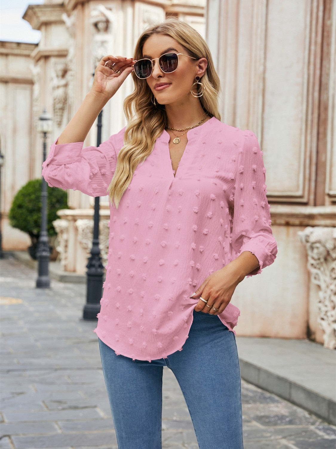 Swiss Dot Notched Neck Blouse - Pahabu - Women's Clothing & Shop