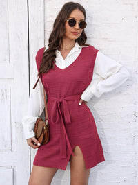 Tie Front V-Neck Sleeveless Slit Sweater Dress - Pahabu - Women's Clothing & Shop