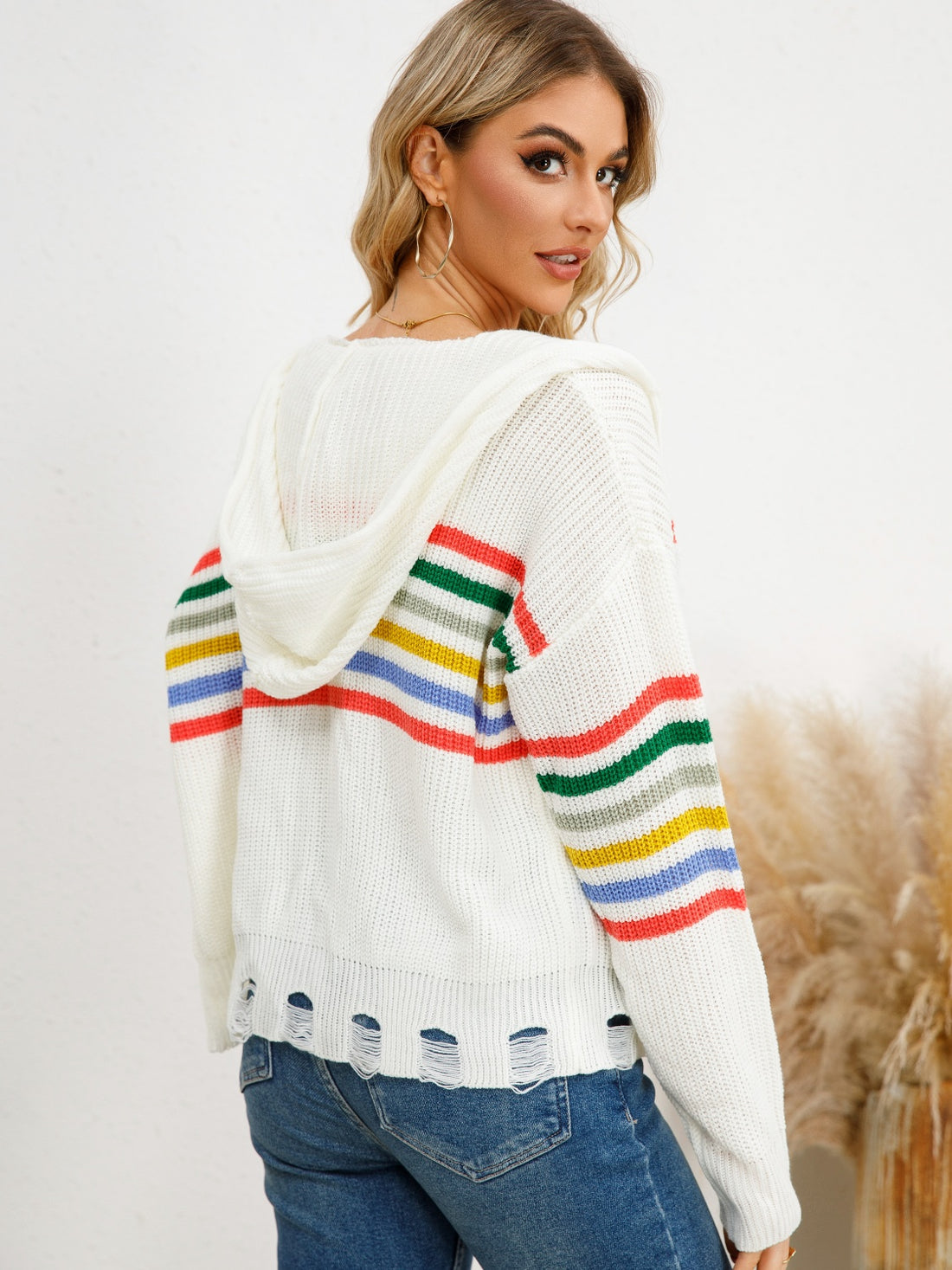 Drawstring Striped Dropped Shoulder Hooded Cardigan - Pahabu - Women's Clothing & Shop