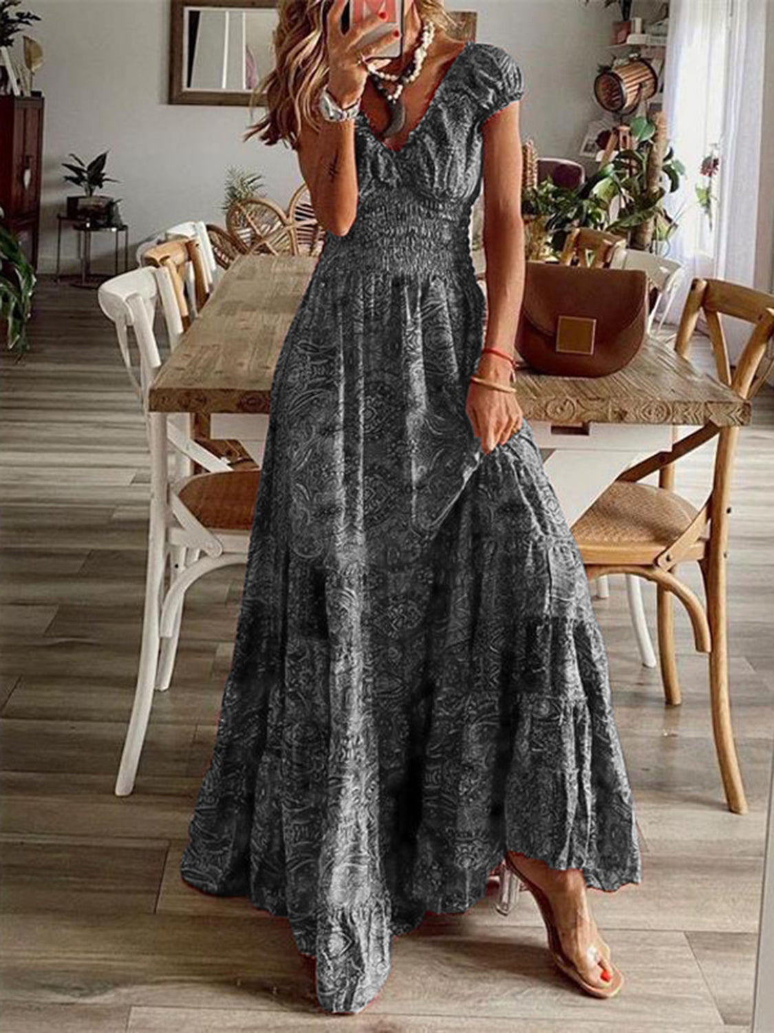Full Size Smocked Printed V-Neck Short Sleeve Dress - Pahabu - Women's Clothing & Shop