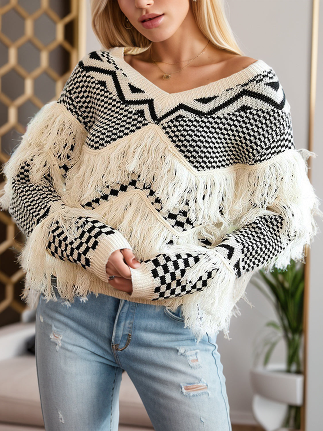 Geometric Fringe Detail V-Neck Sweater - Pahabu - Women's Clothing & Shop
