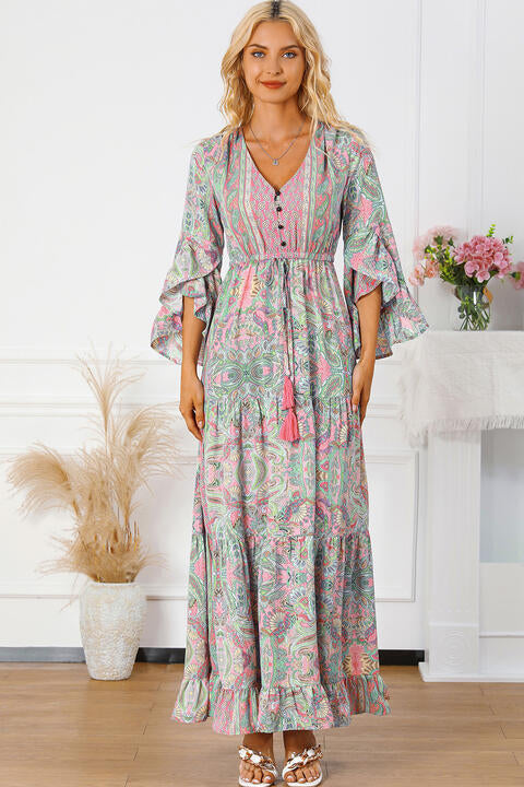 Printed Tassel Tie V-Neck Tiered Dress - Pahabu - Women's Clothing & Shop