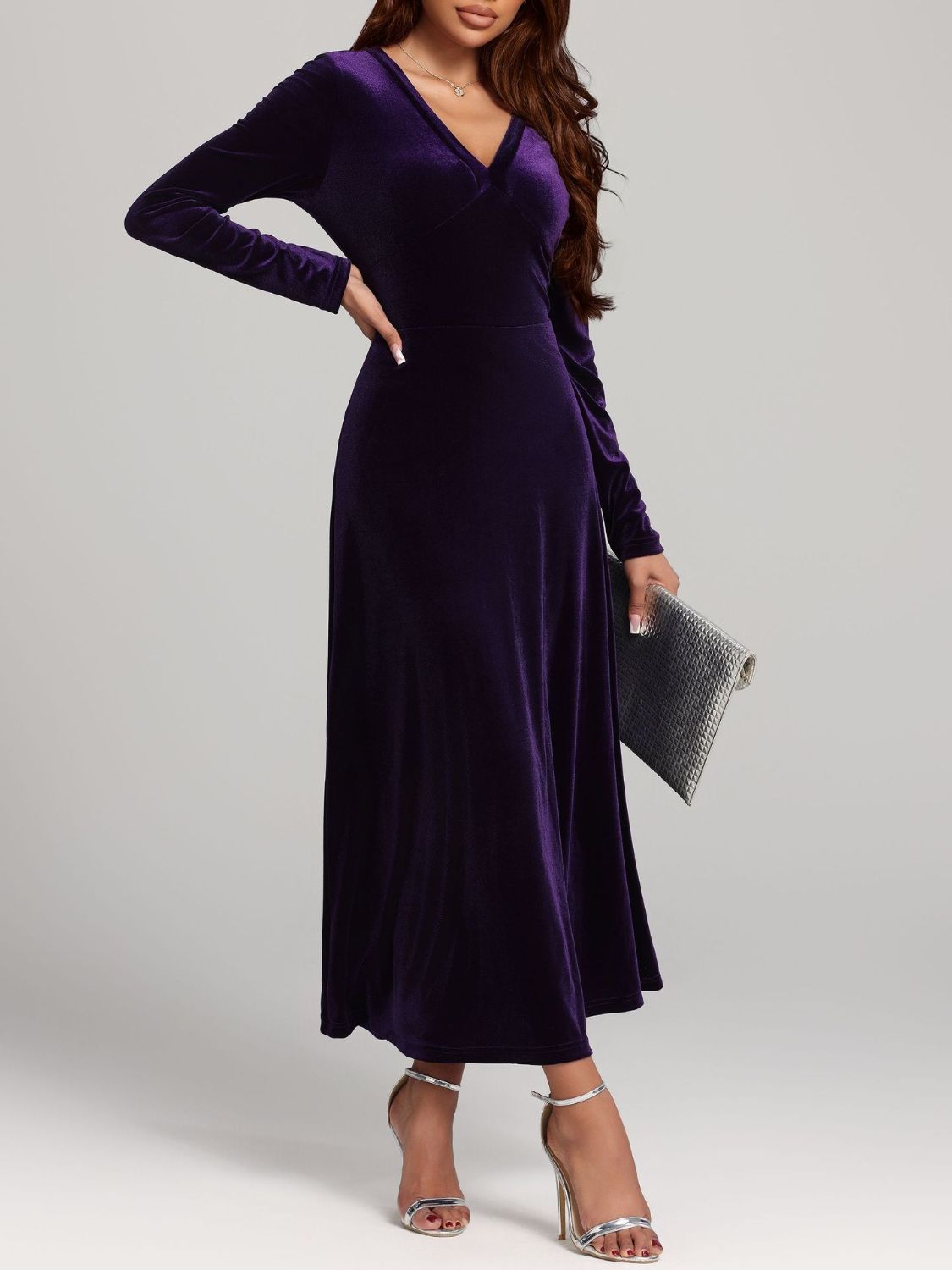 V-Neck Long Sleeve Velvet Dress - Pahabu - Women's Clothing & Shop