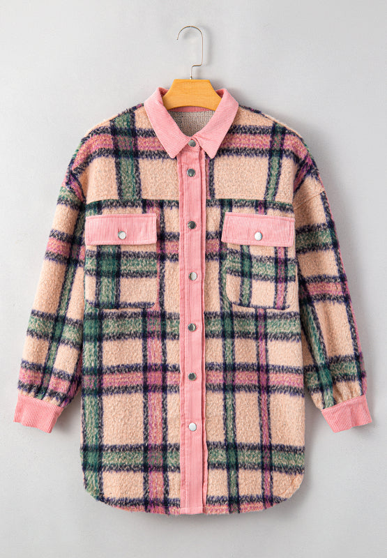 Fuzzy Plaid Corduroy Patchwork Shacket - Pahabu - Women's Clothing & Shop