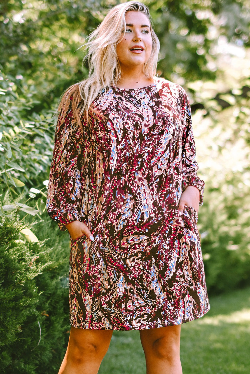 Plus Size Printed Round Neck Long Sleeve Mini Dress - Pahabu - Women's Clothing & Shop