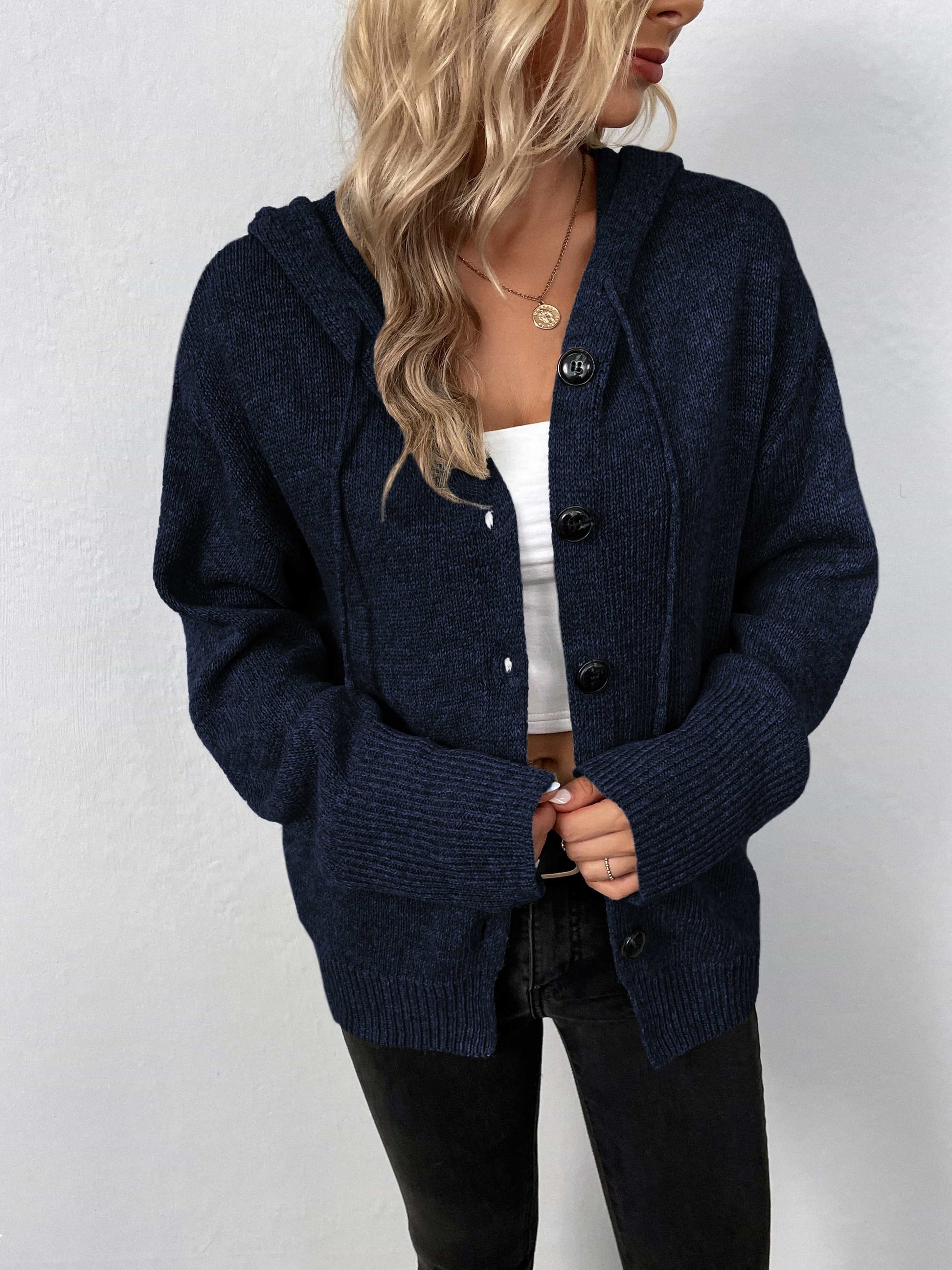 Button-Down Long Sleeve Hooded Sweater - Pahabu - Women's Clothing & Shop