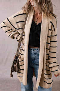 Striped Open Front Long Sleeve Cardigan - Pahabu - Women's Clothing & Shop