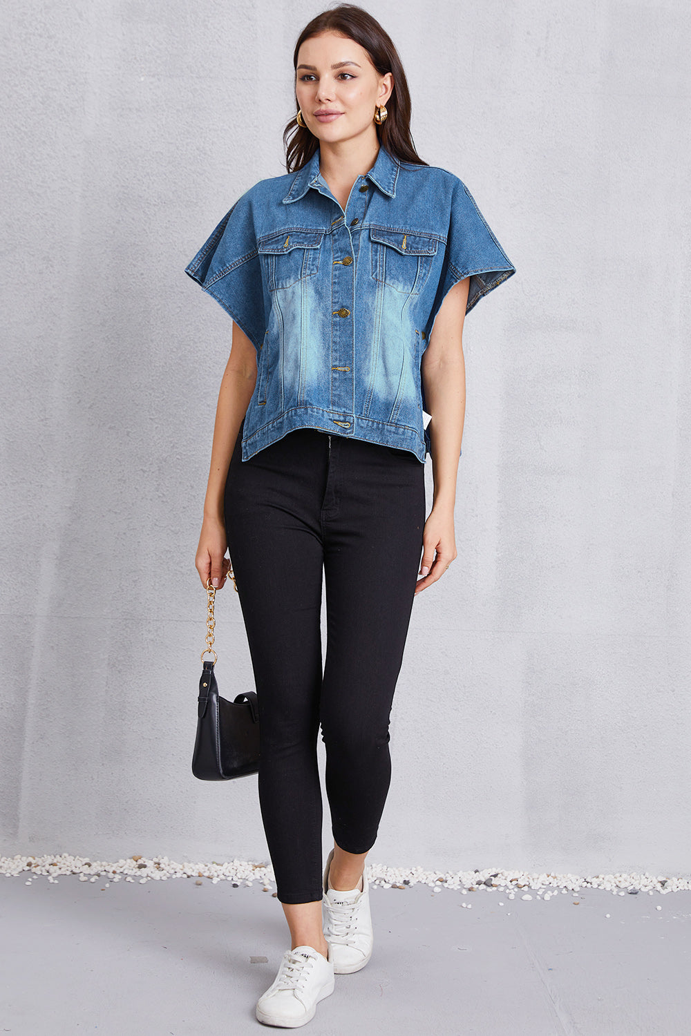 Pocketed Button Up Short Sleeve Denim Top - Pahabu - Women's Clothing & Shop