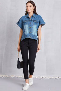 Pocketed Button Up Short Sleeve Denim Top - Pahabu - Women's Clothing & Shop
