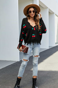 Cherry Pattern Frayed Trim V-Neck Sweater - Pahabu - Women's Clothing & Shop