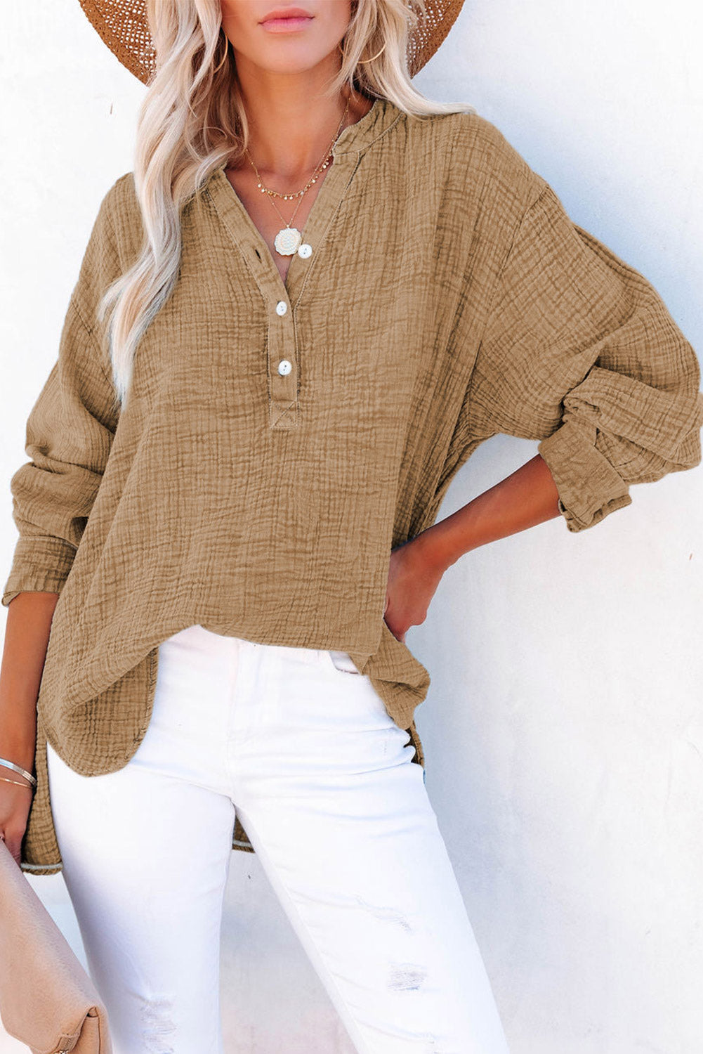 Buttoned Long Sleeve Blouse - Pahabu - Women's Clothing & Shop