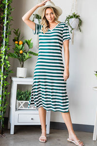 Striped V-Neck Short Sleeve Side Slit Dress - Pahabu - Women's Clothing & Shop