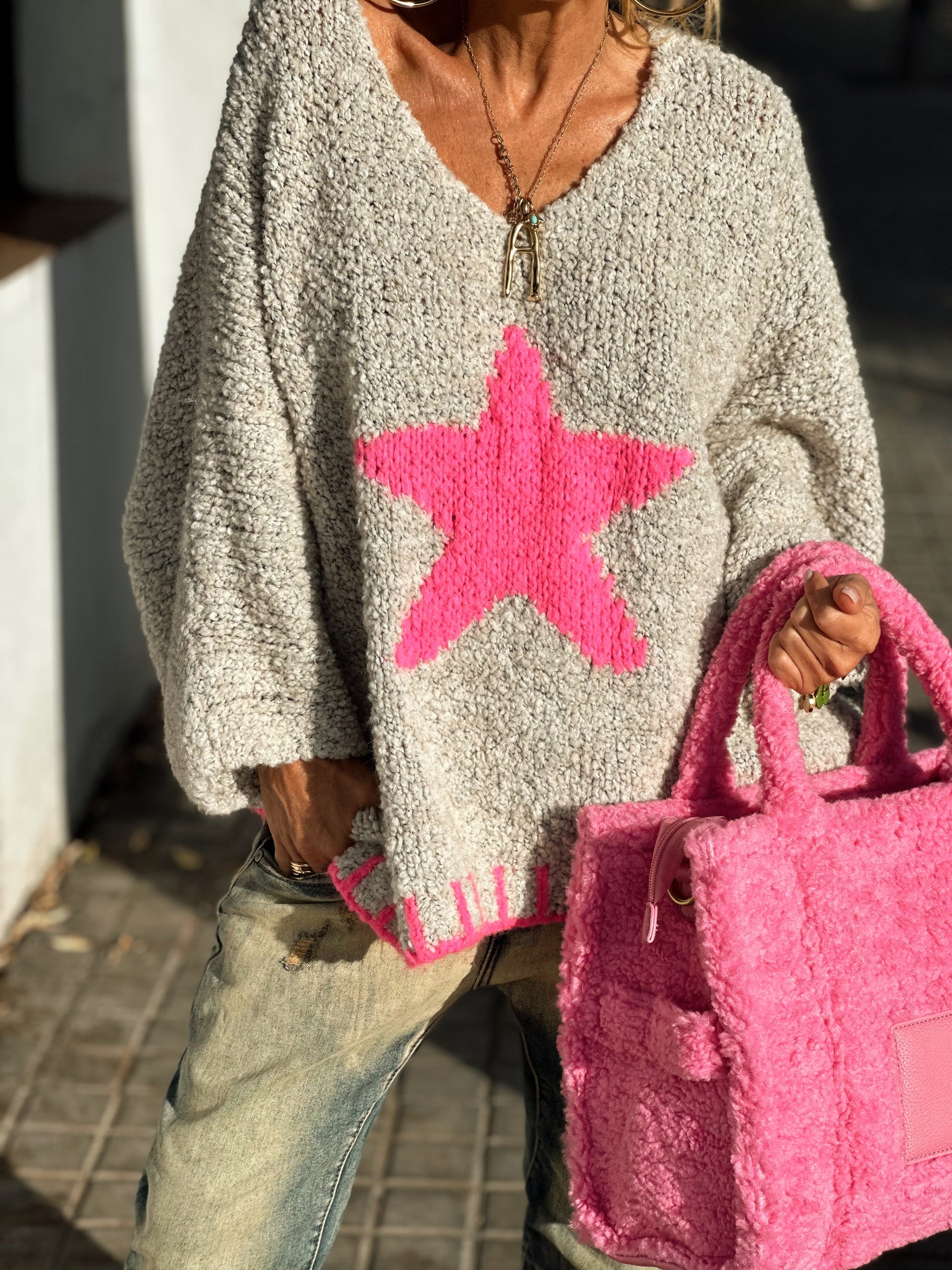 Star V-Neck Long Sleeve Oversize Sweater - Pahabu - Women's Clothing & Shop