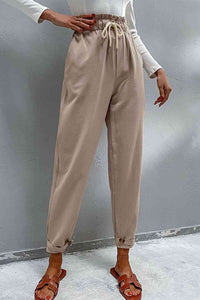 Perfee Drawstring Paperbag Waist Button Detail Pants - Pahabu - Women's Clothing & Shop