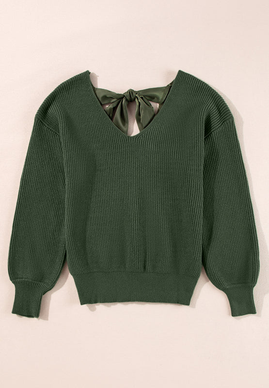 Tied Back V-Neck Long Sleeve Sweater - Pahabu - Women's Clothing & Shop
