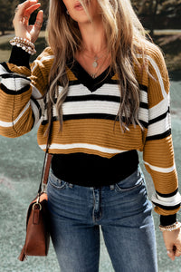 Striped V-Neck Dropped Shoulder Sweater - Pahabu - Women's Clothing & Shop