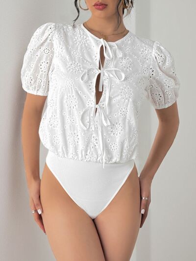 Perfee Tied Eyelet Short Sleeve Bodysuit - Pahabu - Women's Clothing & Shop