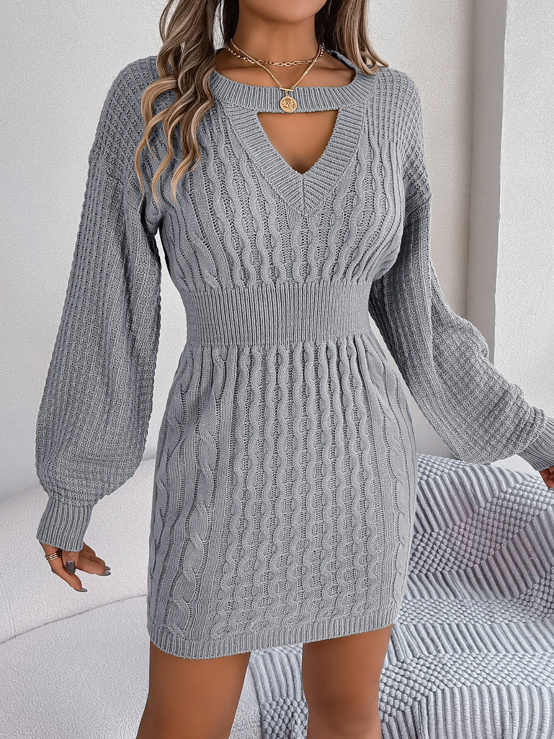 Cable-Knit Cutout Round Neck Slit Sweater Dress - Pahabu - Women's Clothing & Shop