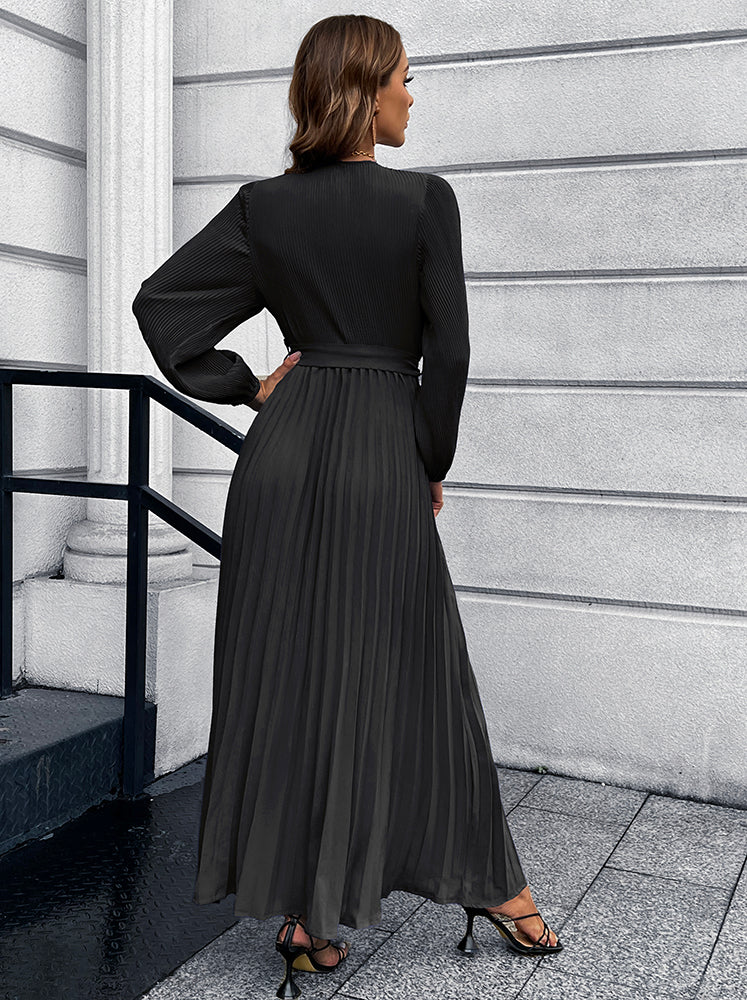 V-Neck Tie Waist Pleated Maxi Dress - Pahabu - Women's Clothing & Shop