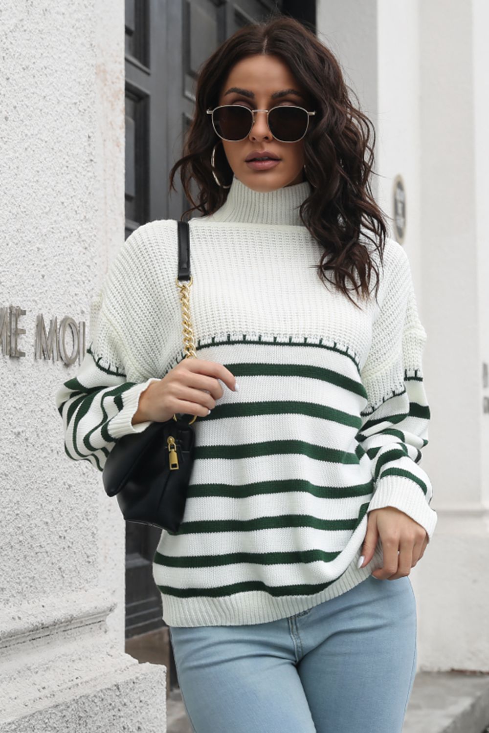 Striped Turtleneck Drop Shoulder Sweater - Pahabu - Women's Clothing & Shop