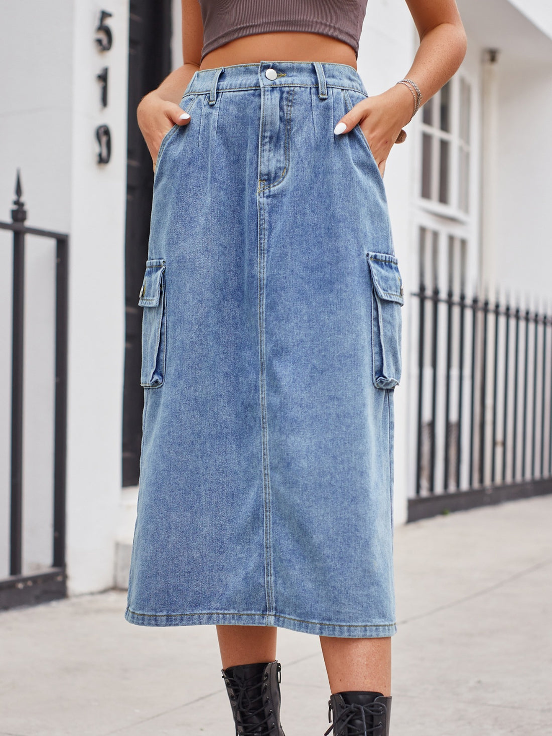 Slit Buttoned Denim Skirt with Pockets - Pahabu - Women's Clothing & Shop