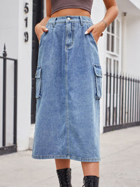 Slit Buttoned Denim Skirt with Pockets - Pahabu - Women's Clothing & Shop