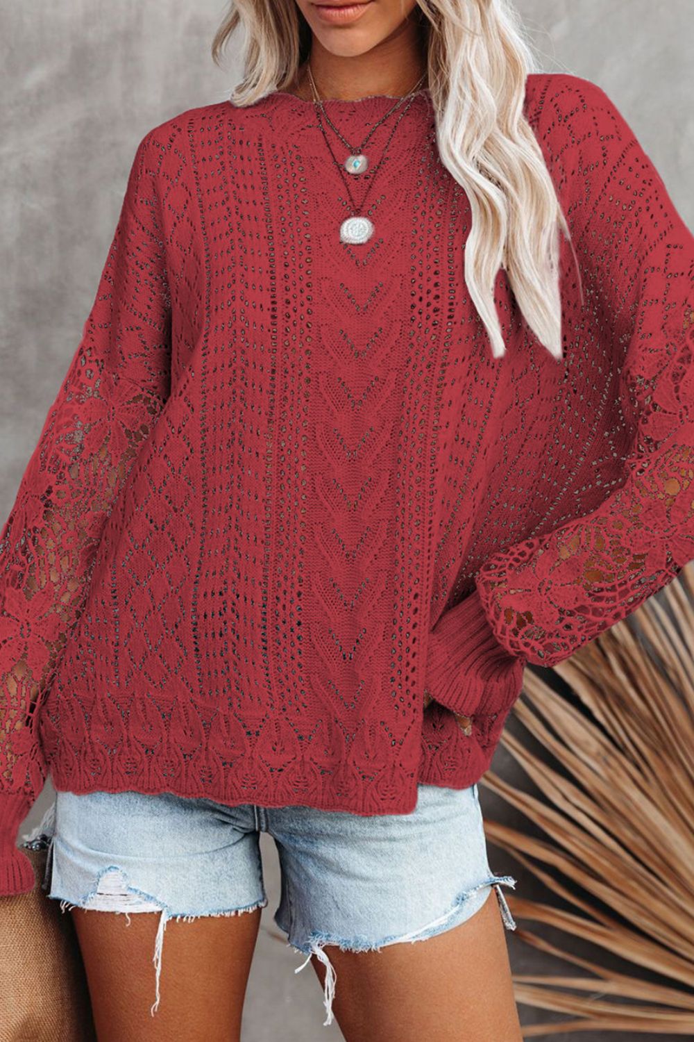 Openwork Round Neck Long Sleeve Sweater - Pahabu - Women's Clothing & Shop