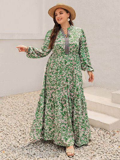 Plus Size Printed Notched Long Sleeve Maxi Dress - Pahabu - Women's Clothing & Shop