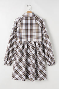 Full Size Plaid Collared Neck Balloon Sleeve Mini Shirt Dress - Pahabu - Women's Clothing & Shop