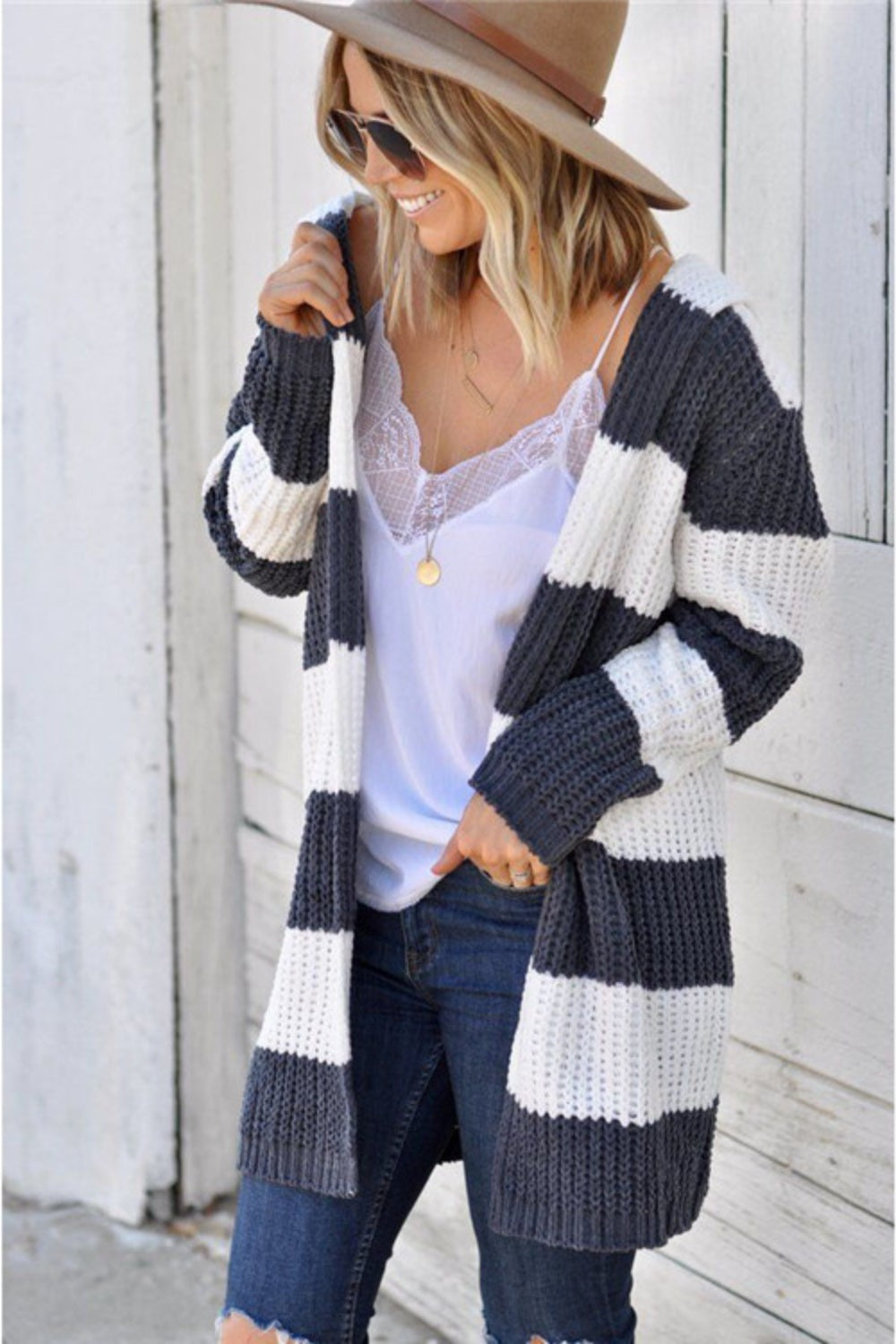 Contrast Stripes Open Front Long Sleeve Cardigan - Pahabu - Women's Clothing & Shop