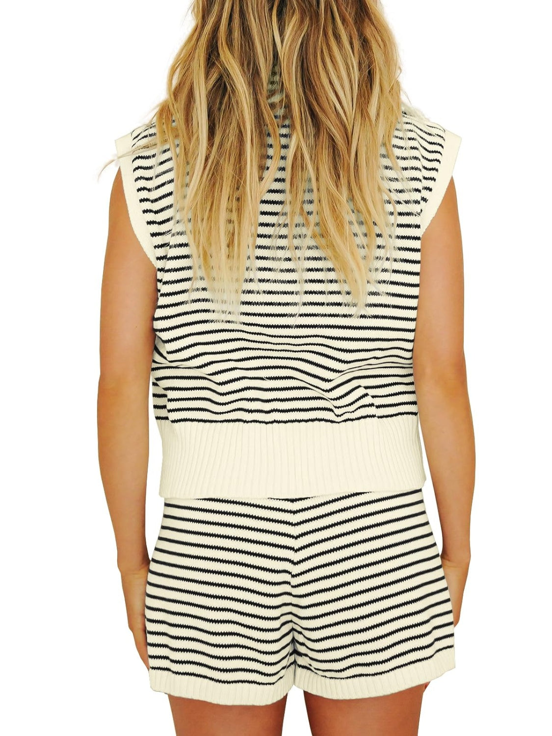 Striped Cap Sleeve Top and Shorts Sweater Set - Pahabu - Women's Clothing & Shop