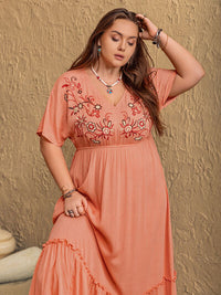 Plus Size Frill Embroidered V-Neck Half Sleeve Maxi Dress - Pahabu - Women's Clothing & Shop
