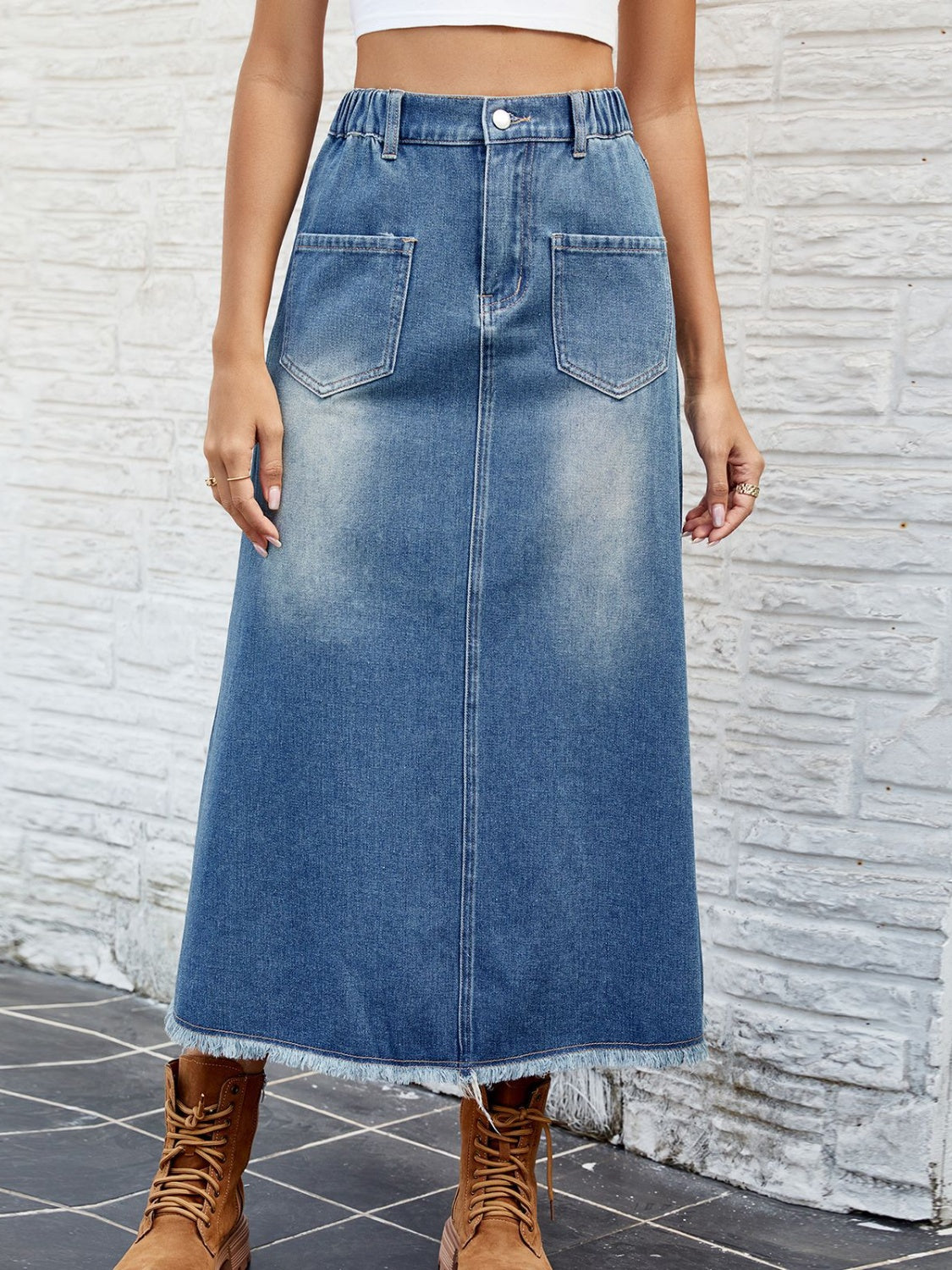 Raw Hem Buttoned Denim Skirt with Pockets - Pahabu - Women's Clothing & Shop