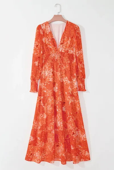 Smocked Printed V-Neck Long Sleeve Dress - Pahabu - Women's Clothing & Shop