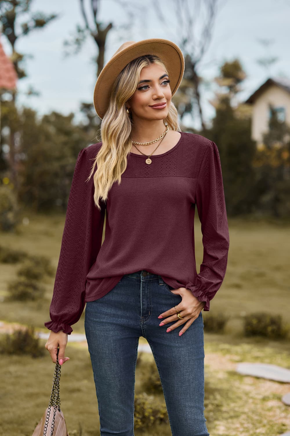 Round Neck Puff Sleeve Blouse - Pahabu - Women's Clothing & Shop