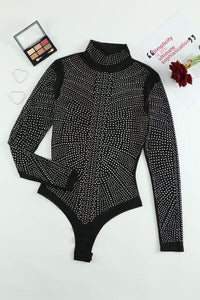 Rhinestone Mock Neck Long Sleeve Bodysuit - Pahabu - Women's Clothing & Shop