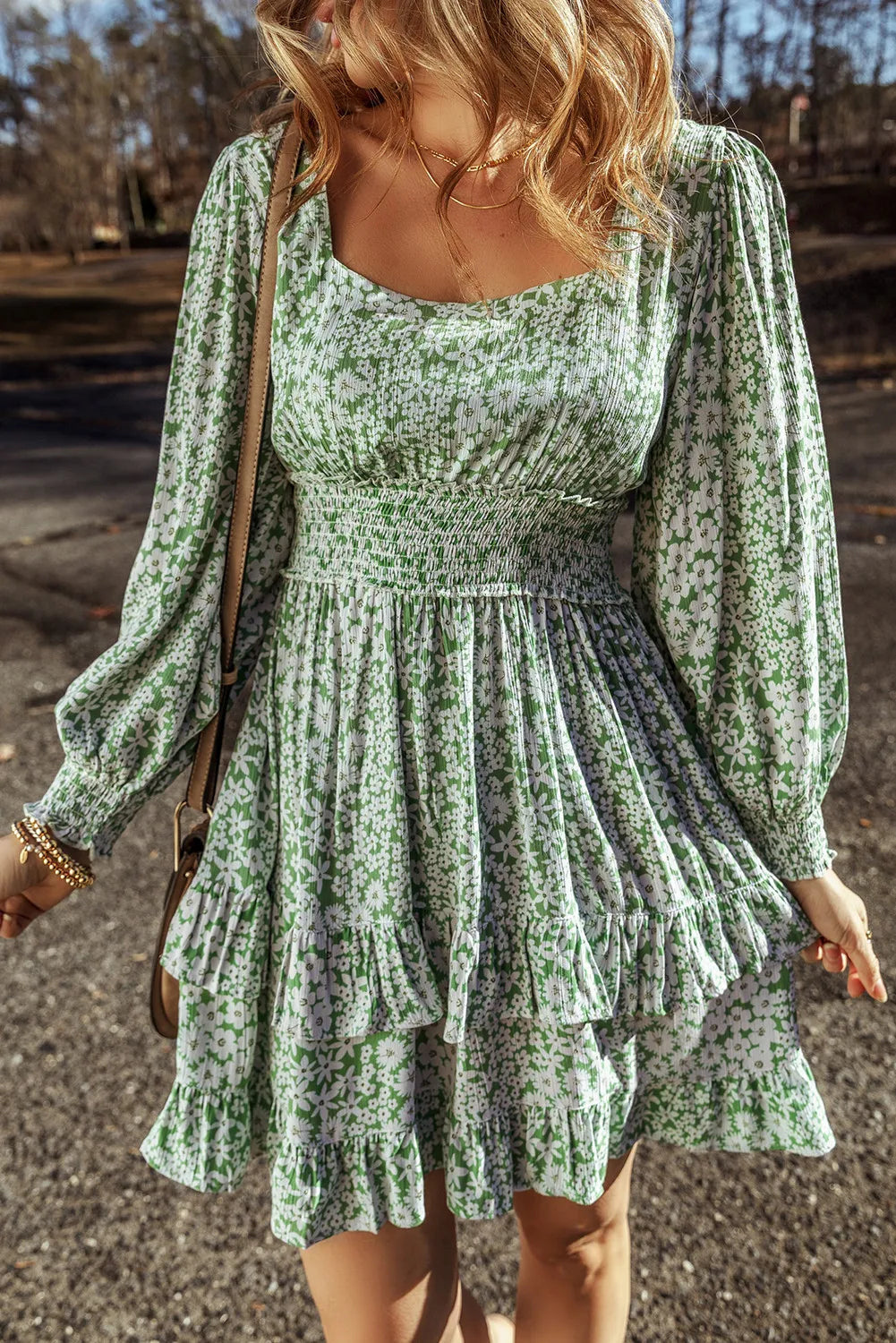 Ruffle Hem Floral Square Neck Long Sleeve Dress - Pahabu - Women's Clothing & Shop