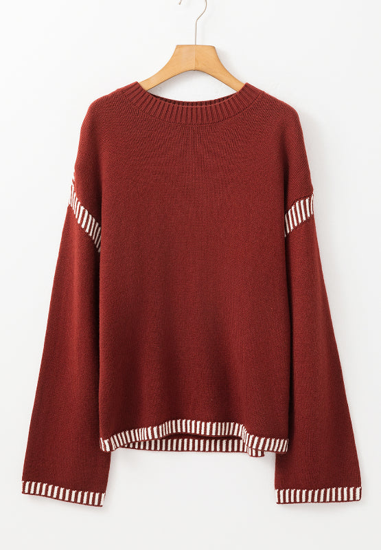 Striped Detail Round Neck Dropped Shoulder Sweater - Pahabu - Women's Clothing & Shop