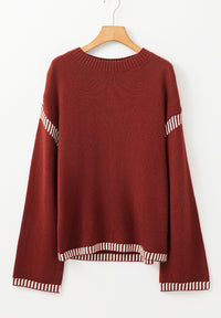 Striped Detail Round Neck Dropped Shoulder Sweater - Pahabu - Women's Clothing & Shop