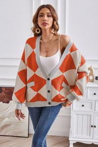 Geometric Lantern Sleeve Cardigan with Pockets - Pahabu - Women's Clothing & Shop