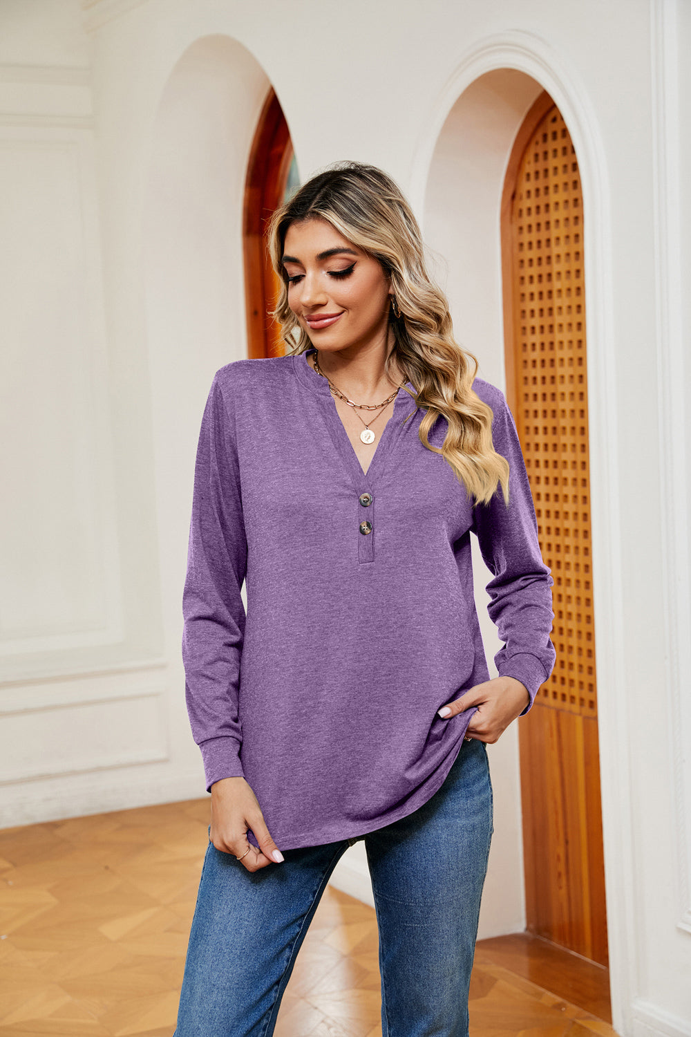 Buttoned Notched Neck Long Sleeve Top - Pahabu - Women's Clothing & Shop