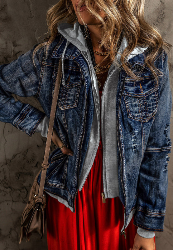 Contrast Zip-Up Hooded Denim Jacket - Pahabu - Women's Clothing & Shop
