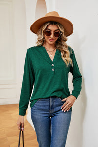 Buttoned Notched Neck Long Sleeve Top - Pahabu - Women's Clothing & Shop