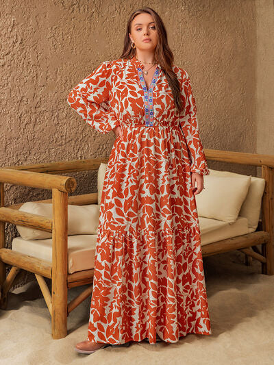 Plus Size Printed Notched Long Sleeve Maxi Dress - Pahabu - Women's Clothing & Shop