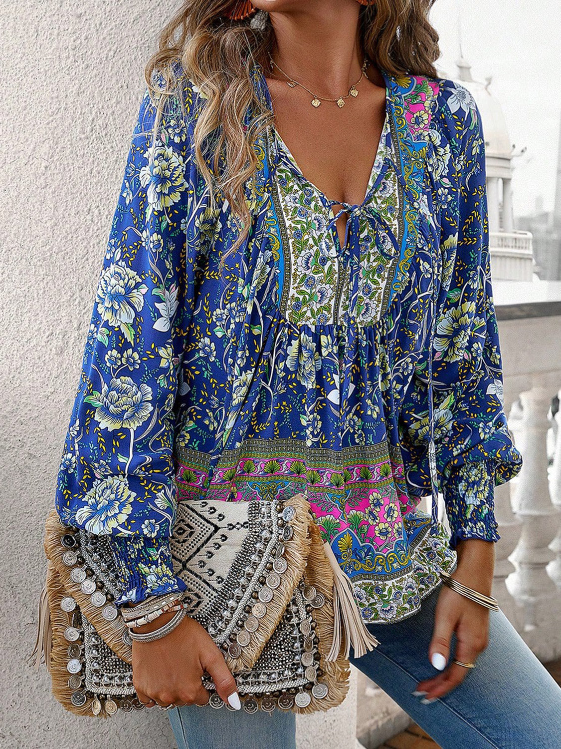 Devine Bohemian Tie Neck Lantern Sleeve Blouse - Pahabu - Women's Clothing & Shop