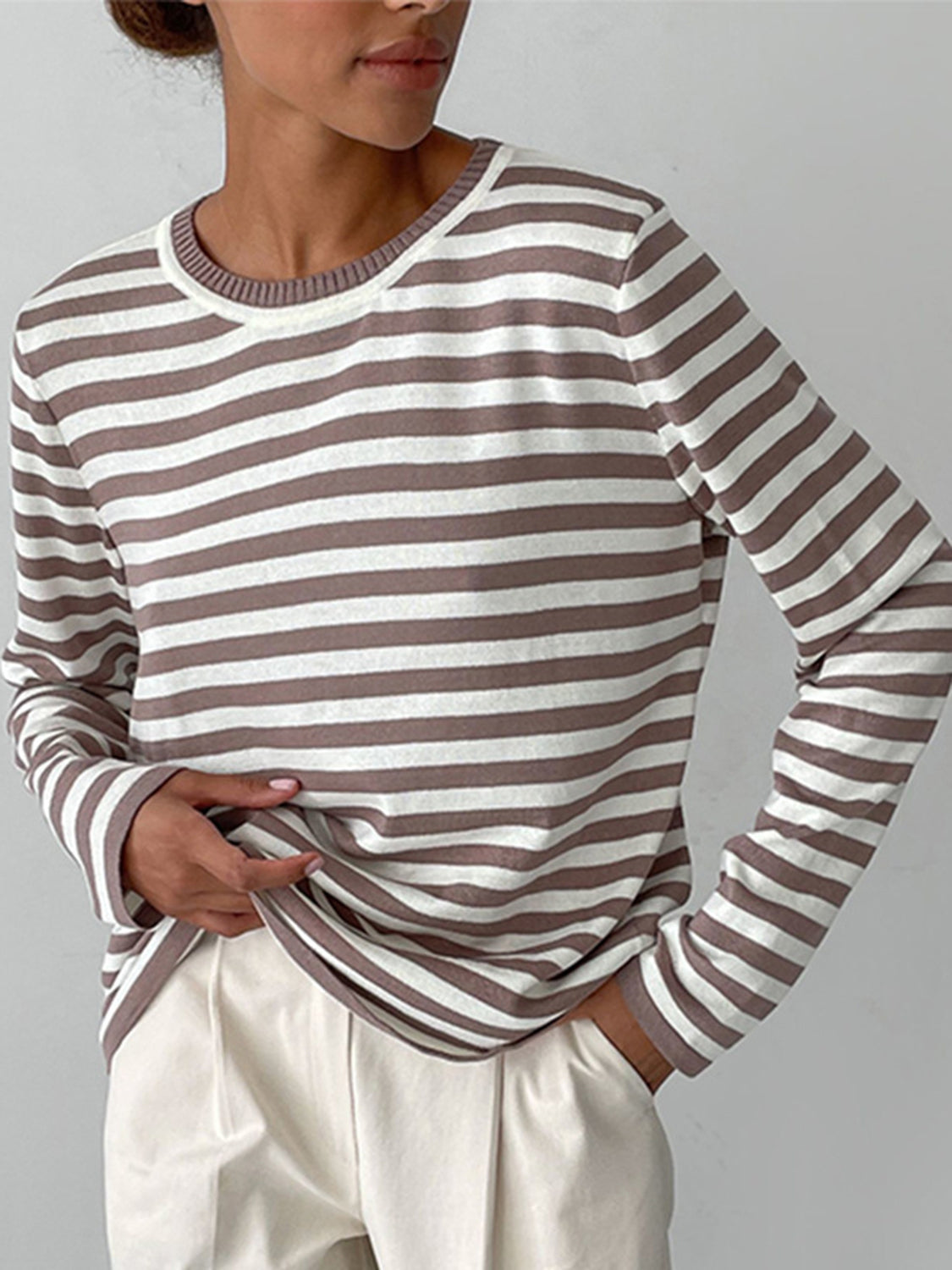 Striped Round Neck Long Sleeve Sweater - Pahabu - Women's Clothing & Shop