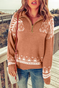 Zip-Up Mock Neck Dropped Shoulder Pullover Sweater - Pahabu - Women's Clothing & Shop