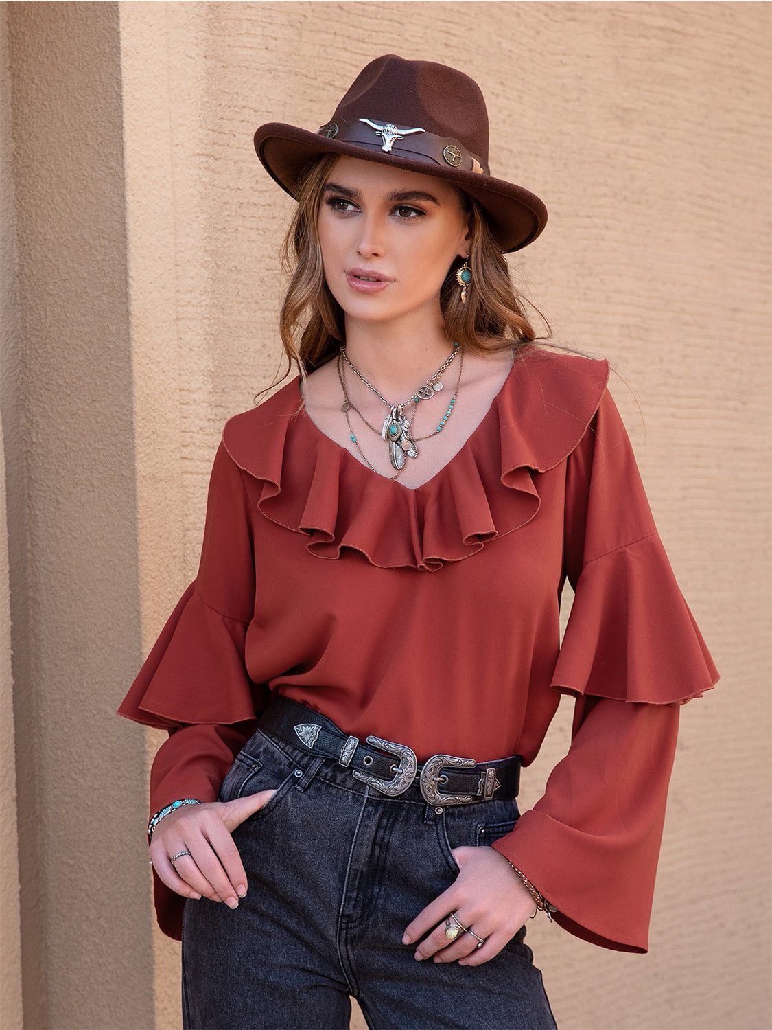Statement Collar Long Sleeve Blouse - Pahabu - Women's Clothing & Shop