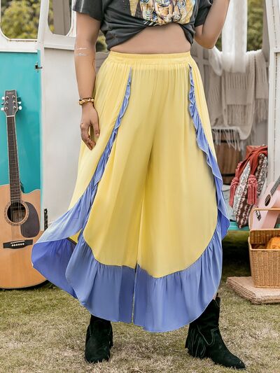 Plus Size Contrast Ruffled Wide Leg Pants - Pahabu - Women's Clothing & Shop